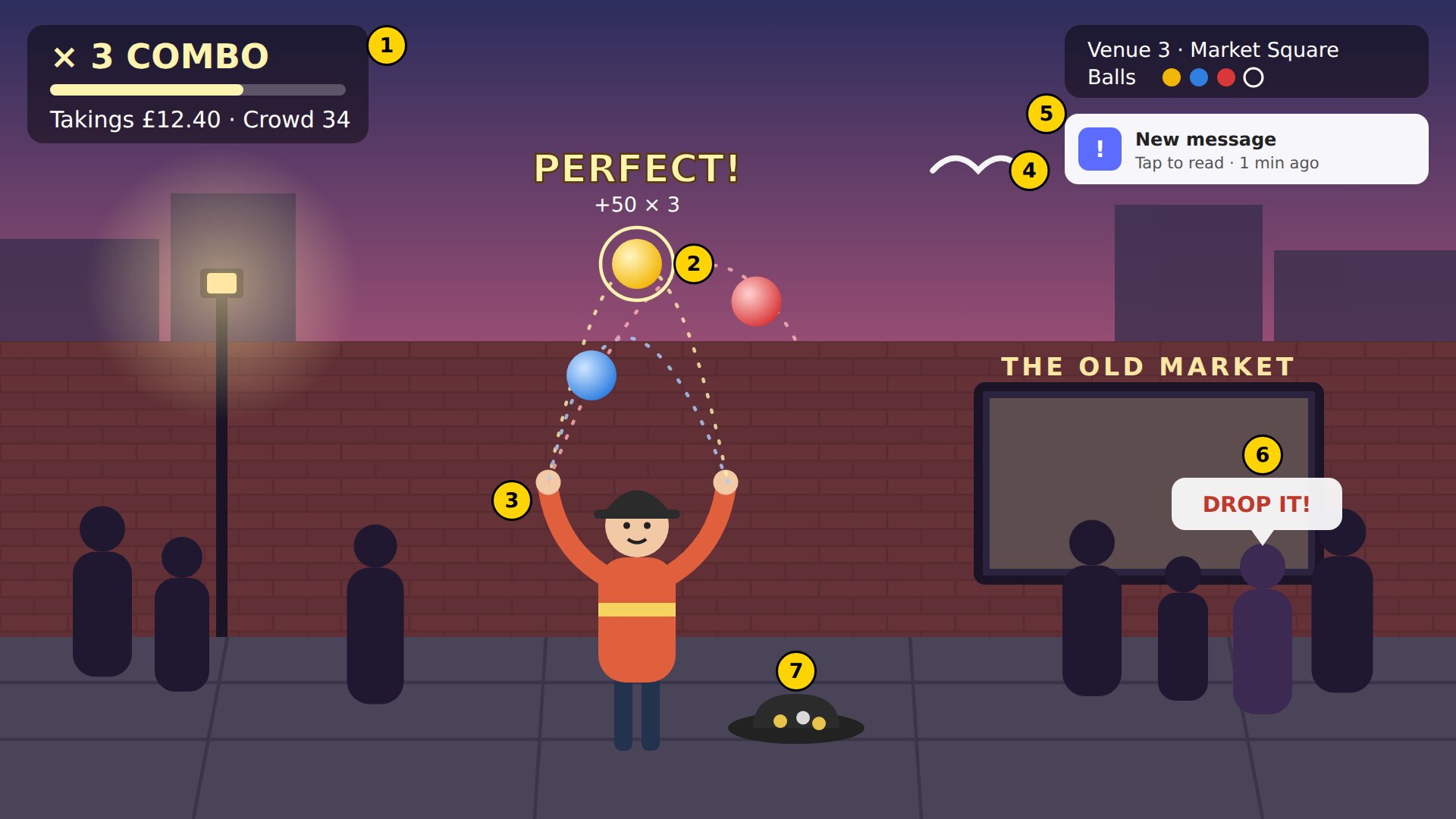 Busker game mock-up: a street performer juggling three balls with combo meter, crowd, a seagull, a message pop-up and a heckler